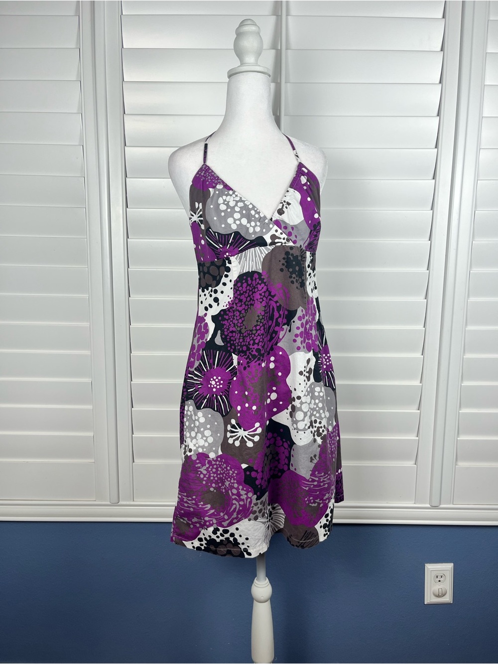 H&M Purple and Gray Retro Printed halter mini Dress size 10